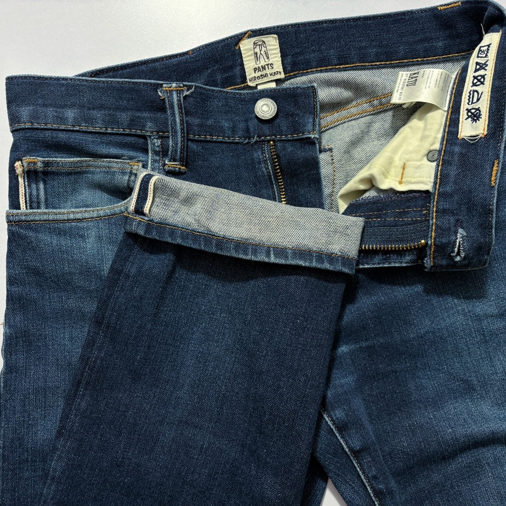 HIROSHI KATO Jeans Pen Slim Stretch Selvedge Dark Wash Blue Zipper Mens 28x25.5